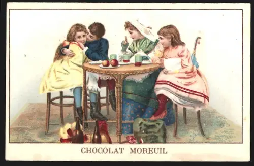 Sammelbild Liebig, Paris, Chocolat Moreuil, Kinder sitzen am Essenstisch