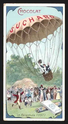 Sammelbild Liebig, Velma Suchard, Schokolade, Mann in einem Korb mit grossem Fallschirm