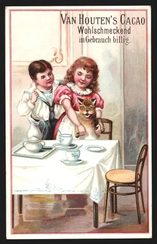 Sammelbild Van Houten`s Cacao, Kinder und Katze am Kaffeetisch
