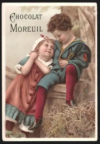 Sammelbild Paris, Chocolat Moreuil, Zwei Kinder auf einer Mauer