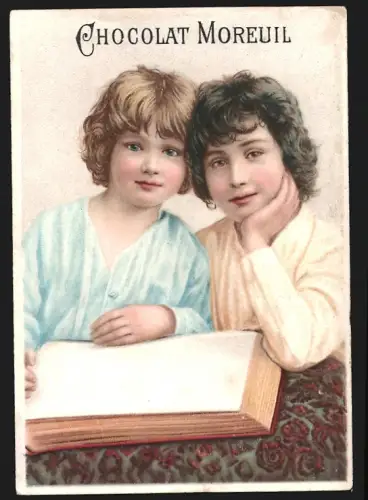 Sammelbild Paris, Chocolat Moreuil, Zwei Kinder mit Buch