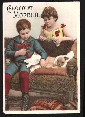 Sammelbild Paris, Chocolat Moreuil, Kinder versorgen einen Hund