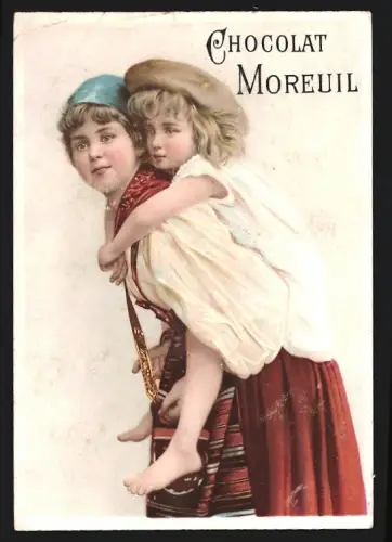 Sammelbild Paris, Chocolat Moreuil, Frau trägt ein Kind auf dem Rücken