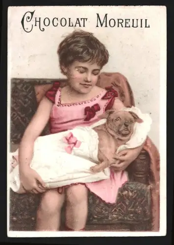 Sammelbild Paris, Chocolat Moreuil, Mädchen mit Hund auf dem Schoss