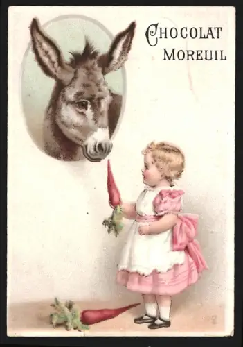 Sammelbild Paris, Chocolat Moreuil, Kind füttert einen Esel