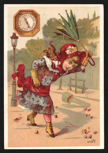 Sammelbild Chocolat Spécial, Wind dreht einem Mädchen den Schirm um