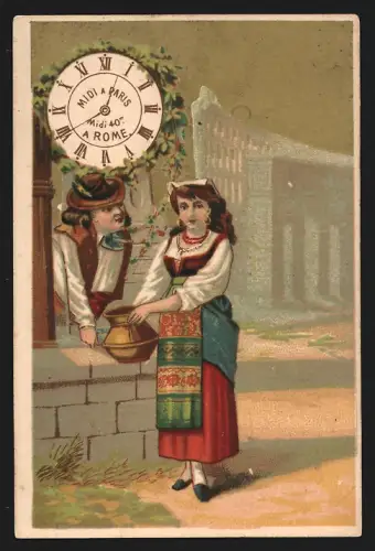 Sammelbild Chocolat Spécial, Dame in Tracht vor einer Uhr