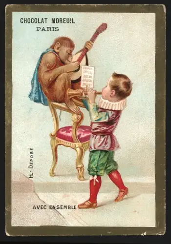 Sammelbild Paris, Chocolat Moreuil, Kind und Affe musizieren
