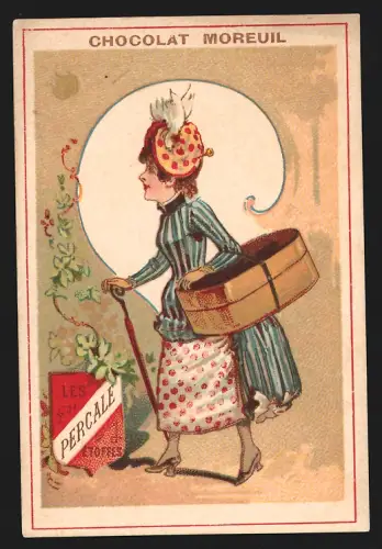 Sammelbild Paris, Chocolat Moreuil, Dame mit Paket und Schirm