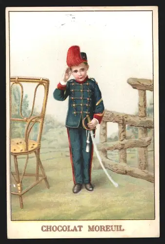 Sammelbild Paris, Chocolat Moreuil, Junge in Uniform mit Säbel