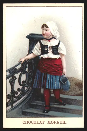 Sammelbild Paris, Chocolat Moreuil, Mädchen mit Krug auf einer Treppe