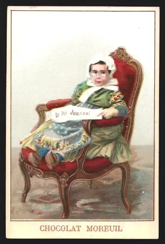 Sammelbild Paris, Chocolat Moreuil, Mädchen liest die Zeitung