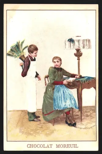 Sammelbild Paris, Chocolat Moreuil, Lesendes Mädchen an einem Tisch