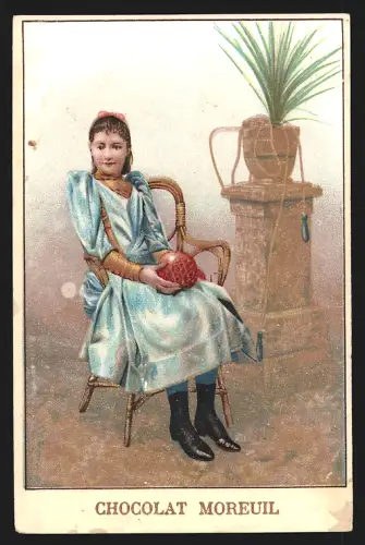 Sammelbild Paris, Chocolat Moreuil, Sitzendes Mädchen mit Ball in der Hand