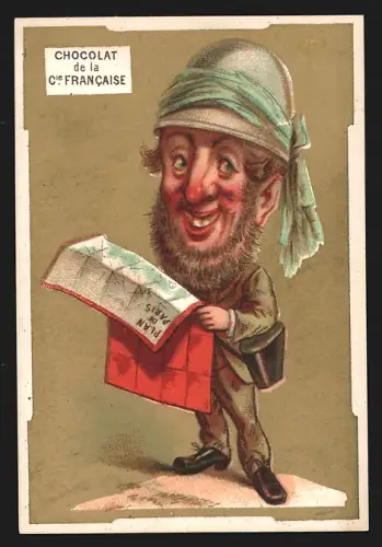 Sammelbild Paris, Chocolat de la Compagnie Francaise, 18. Boulevard de Sébastopol, Mann mit Stadtplan