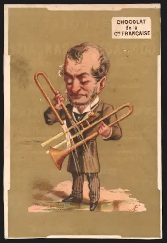 Sammelbild Paris, Chocolat de la Compagnie Francaise, Boulevard de Sebastopol 18, Mann schüttet Wasser aus Instrument