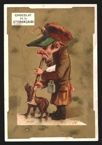 Sammelbild Paris, Chocolat de la Compagnie Francaise, Boulevard de Sebastopol 18, Musikant mit Hund