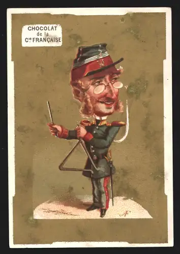 Sammelbild Paris, Chocolat de la Compagnie Francaise, Boulevard de Sebastopol 18, Musikant in Uniform mit Triangel
