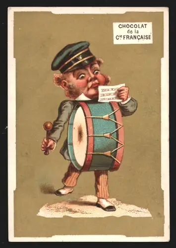 Sammelbild Paris, Chocolat de la Compagnie Francaise, Boulevard de Sebastopol 18, Trommler mit Notenblatt