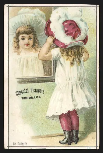 Sammelbild Bordeaux, Chocolat Francois, Mädchen betrachtet sich im Spiegel