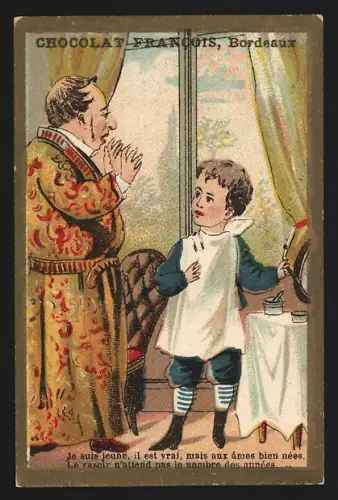 Sammelbild Bordeaux, Chocolat Francois, Mann und Junge mit Rasierer