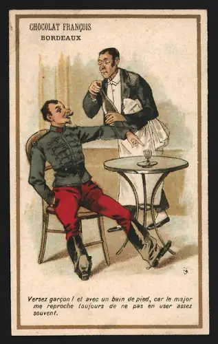 Sammelbild Bordeaux, Chocolat Francois, Mann in Uniform mit Kellner