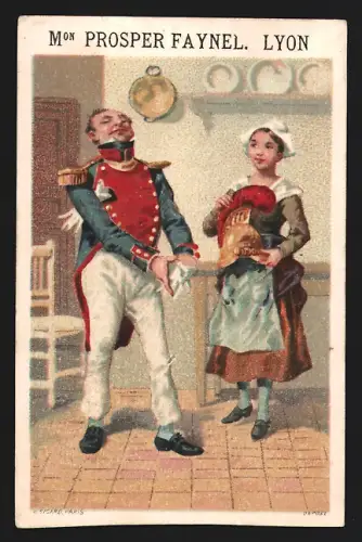 Sammelbild Lyon, Chocolatiere Francaise Prosper Faynel, Quai St. Antoine 29, Mann mit poliertem Helm