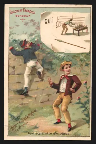 Sammelbild Bordeaux, Chocolat Francois, Junge klettert über eine Mauer