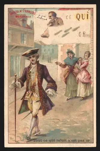 Sammelbild Bordeaux, Chocolat Francois, Damen schauen einem eleganten Herrn hinterher