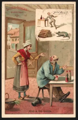 Sammelbild Bordeaux, Chocolat Francois, Mann sitzt an einem Tisch und trinkt