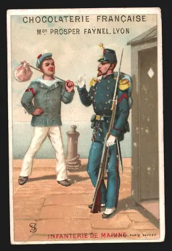 Sammelbild Lyon, Chocolatiere Francaise Faynel, Quai St. Antoine 29, Infanteriesoldat und Matrose