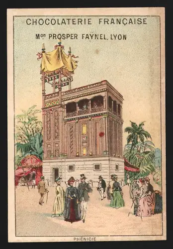 Sammelbild Lyon, Chocolatiere Francaise Faynel, Quai St. Antoine 29, Eleganten Personen spazieren