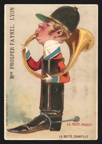 Sammelbild Lyon, Chocolatiere Francaise Faynel, Quai St. Antoine 29, Kleiner Musikant in einem Stiefel