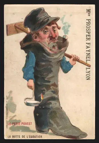 Sammelbild Lyon, Chocolatiere Francaise Faynel, Quai St. Antoine 29, Mann mit Öllampe und Pfeife in einem Stiefel