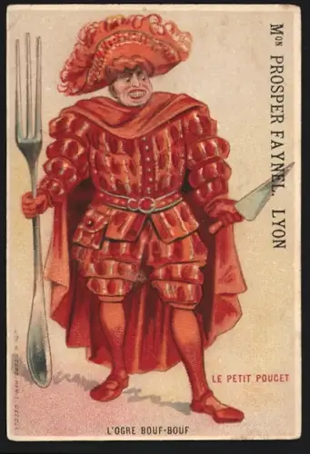 Sammelbild Lyon, Chocolatiere Francaise Faynel, Quai St. Antoine 29, Mann mit grosser Gabel