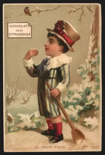 Sammelbild Paris, Chocolat de la Compagnie Francaise, Boulevard de Sebastopol 18, Junge im Schnee
