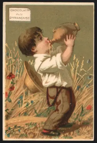 Sammelbild Paris, Chocolat de la Compagnie Francaise, Boulevard de Sebastopol 18, Junge mit Krug auf einem Feld