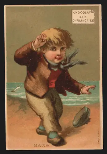 Sammelbild Paris, Chocolat de la Compagnie Francaise, Boulevard de Sebastopol 18, Junge am windigen Strand