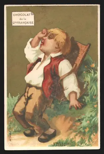 Sammelbild Paris, Chocolat de la Compagnie Francaise, Boulevard de Sebastopol 18, Junge mit Korb voller Blumen