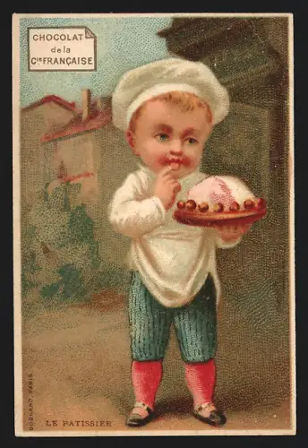 Sammelbild Paris, Chocolat de la Compagnie Francaise, Boulevard de Sebastopol 18, Kleiner Bäcker mit Kuchen