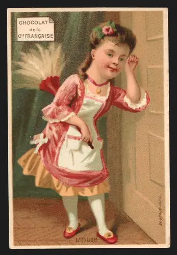 Sammelbild Paris, Chocolat de la Compagnie Francaise, Boulevard de Sebastopol 18, Mädchen horcht an einer Tür