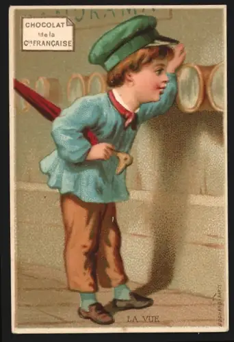 Sammelbild Paris, Chocolat de la Compagnie Francaise, Junge schaut durch ein rundes Fenster