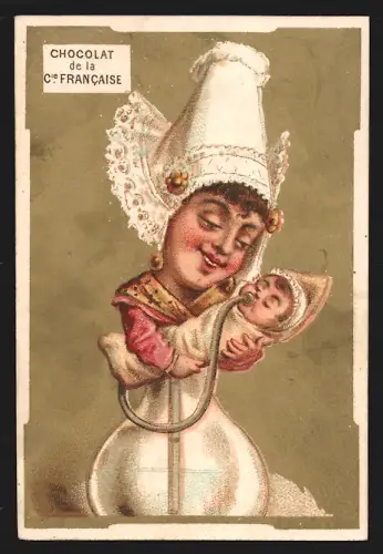 Sammelbild Paris, Chocolat de la Compagnie Francaise, Mutter mit ihrem Kind in einer Milchflasche