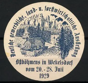 Reklamemarke Wekelsdorf, Deutsche Gewerbliche Ausstellung 1929, Landschaftsszene mit Bergen und Wald
