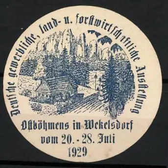 Reklamemarke Mekelsdorf, Deutsche gewerbliche land- und forstwirtschaftliche Ausstellung 1929, Landschaftsansicht
