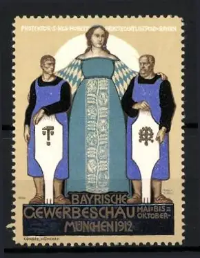 Reklamemarke München, Bayrische Gewerbeschau 1912, Schutzengel und Handwerker