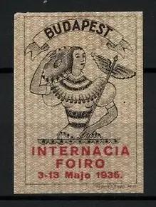 Reklamemarke Budapest, Internacia Foiro 1935, Frau mit geflügeltem Stab