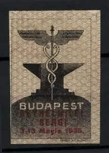 Reklamemarke Budapest, Beymelmilel Seägi 1936, Caduceus auf Amboss