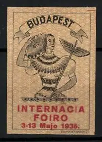 Reklamemarke Budapest, Internacia Foiro 1935, Frau mit Flügelstab und Zahnrad