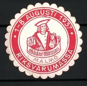 Reklamemarke Malmö, Skånemässan 1937, Kaufmann mit Wappen und Waage